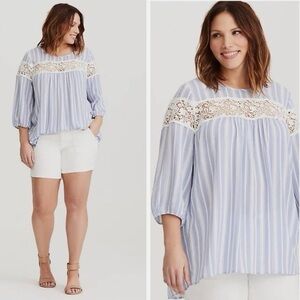 Torrid light blue and white striped popover blouse with crochet lace details EUC